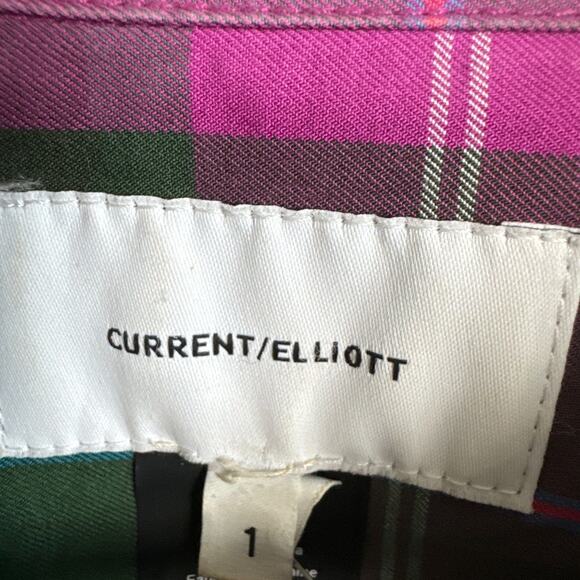 Current/Elliot Women’s Plaid Button Up Shirt Pink Green Fray Hem SZ 1 Layering - Picture 7 of 9